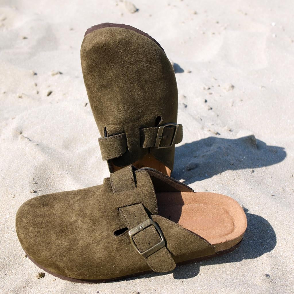 Khaki closed clog mules