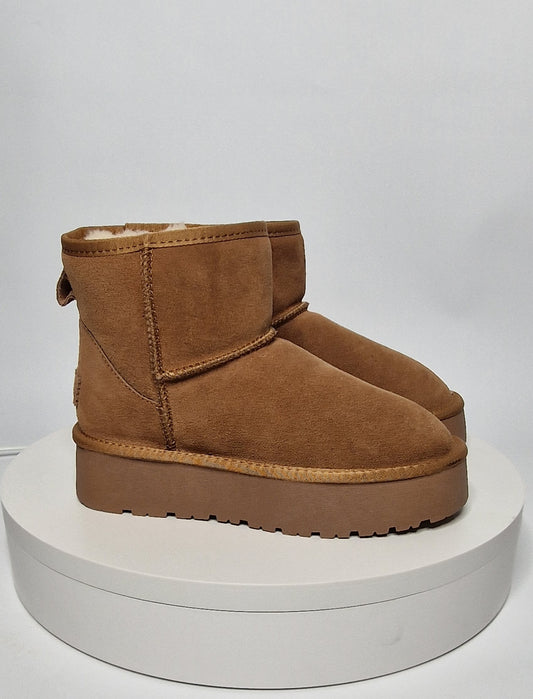 Boots fourrées plate-forme cuir mini Camel