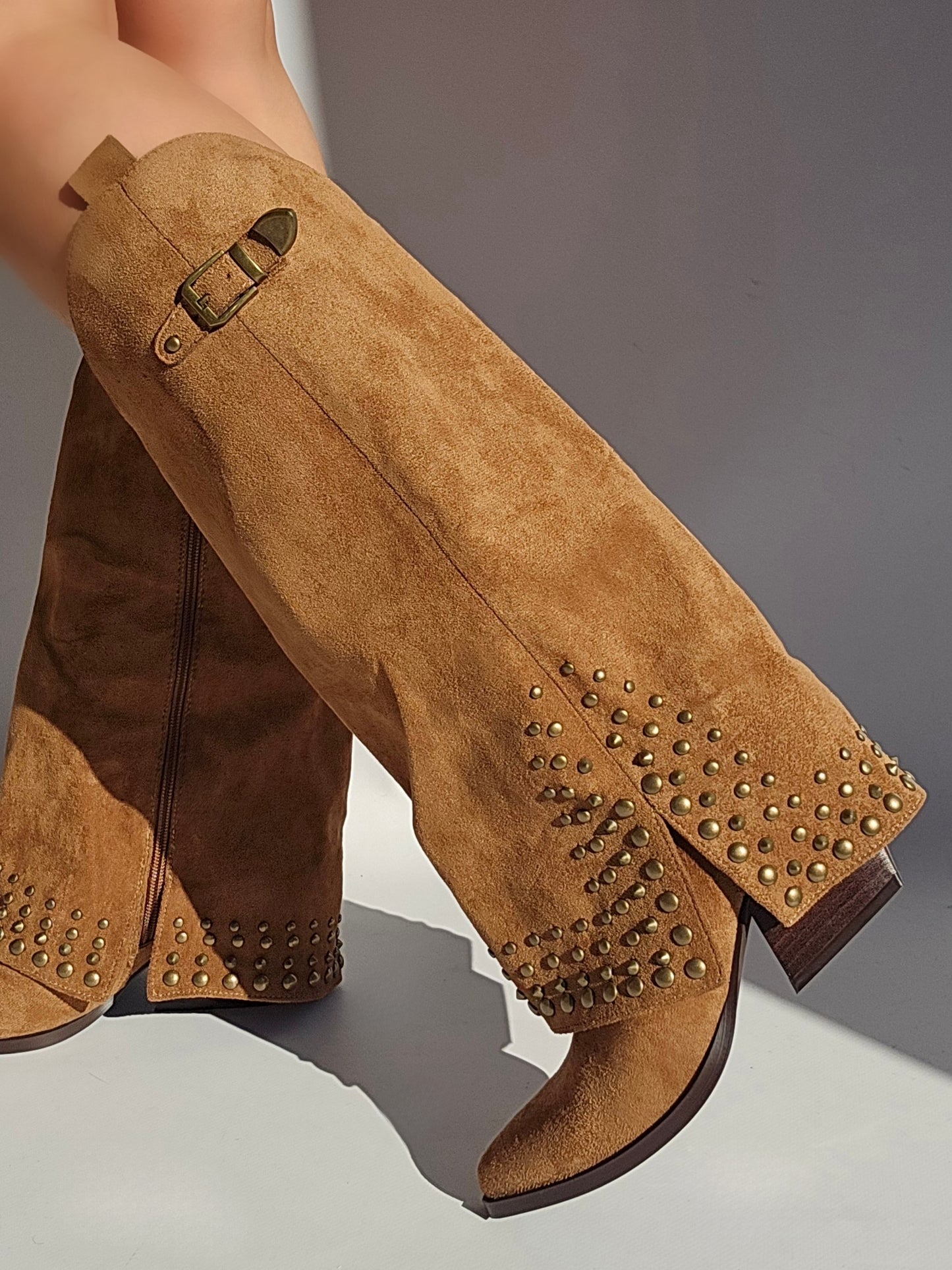 Cowboy boots Socks studded details suede Camel