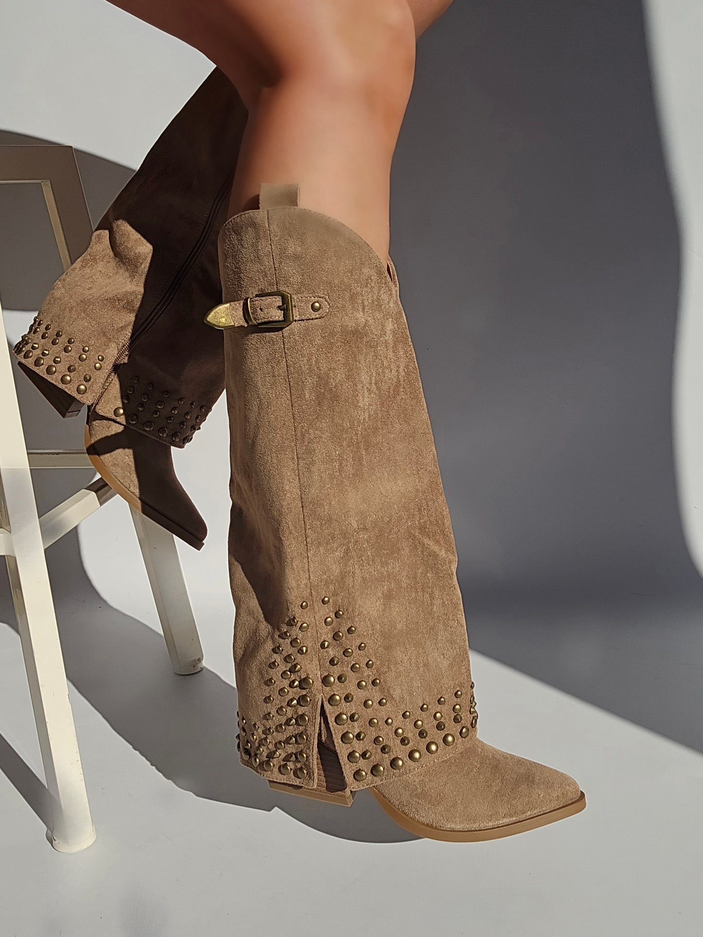 Cowboy boots Socks studded details suede Taupe