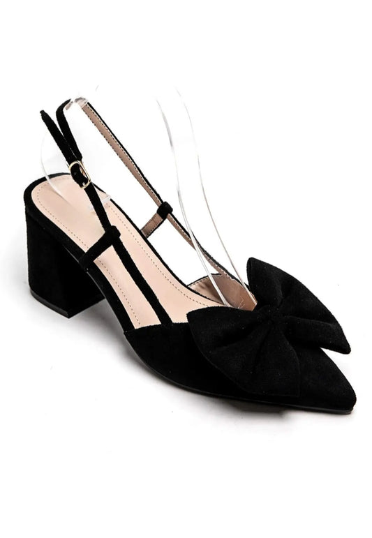 Black pointed toe bow pumps