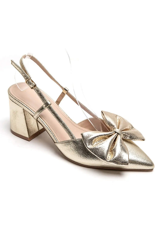 Pointed toe pumps with gold bows