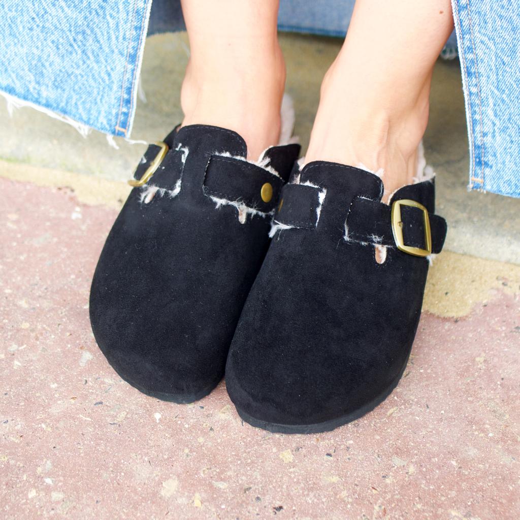 Black fur-lined mules