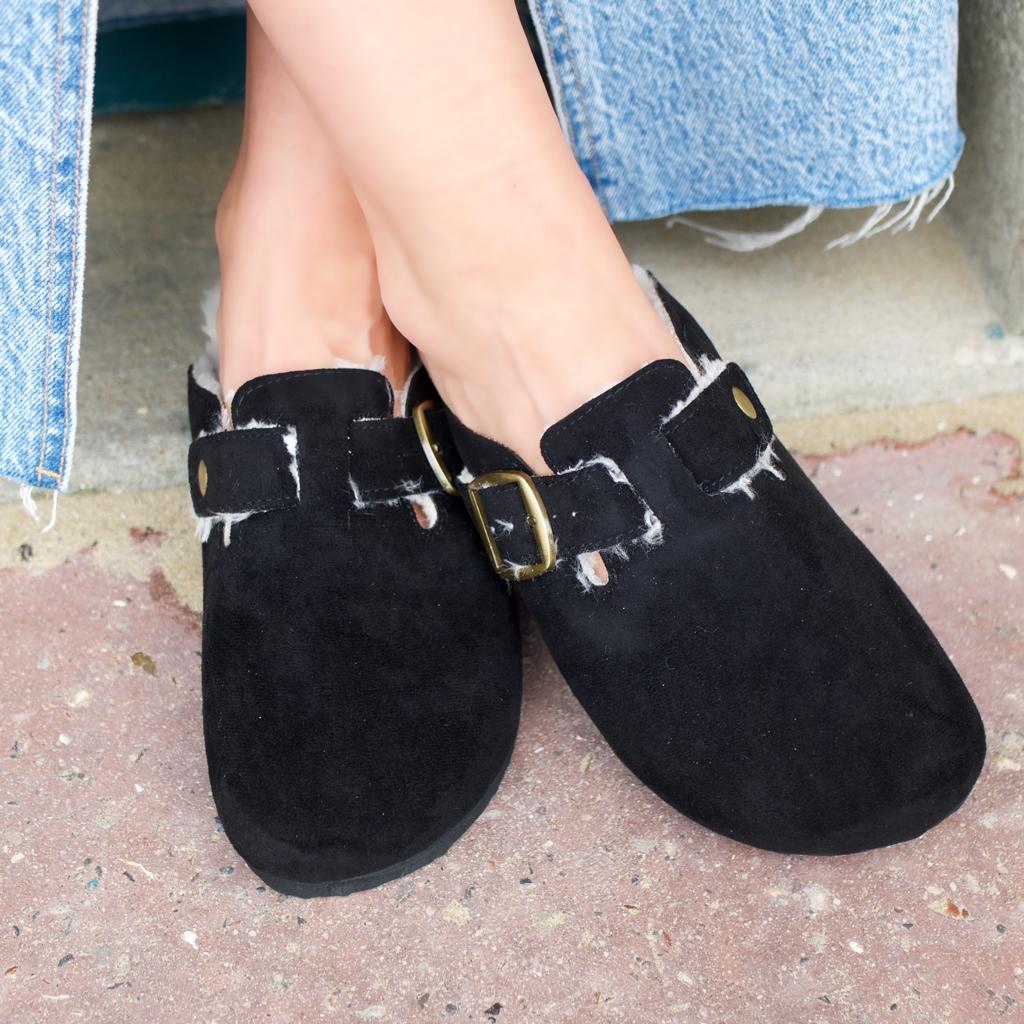 Black fur-lined mules