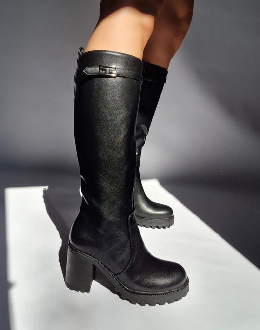 Bottes crantée à talon carré Noir