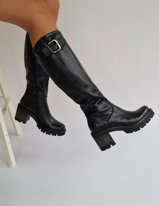 Bottes crantée boucles 100% cuir Italy Noir