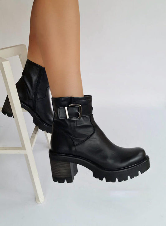 Boots crantée boucles 100% cuir Italy Noir