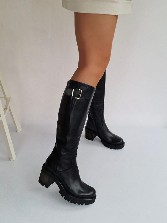 Bottes crantée boucles 100% cuir Italy Noir