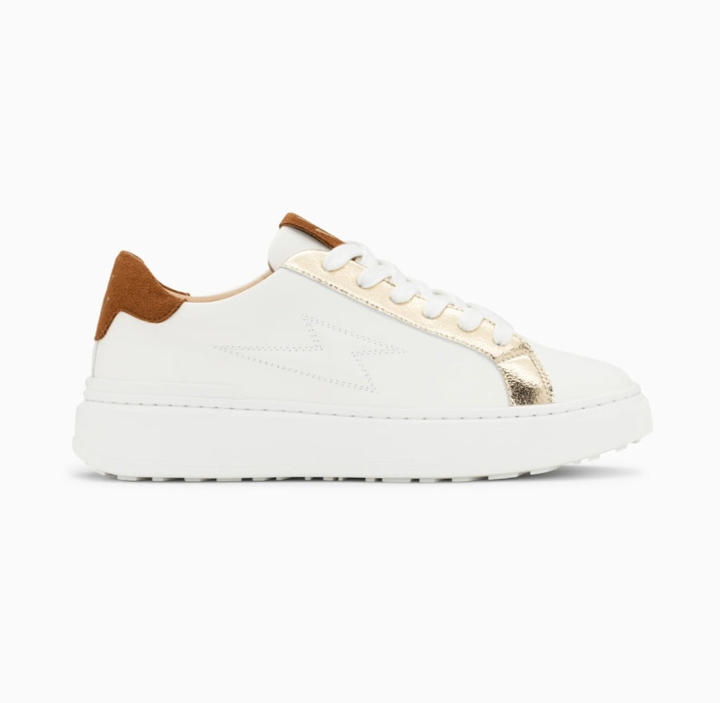 Vanessa Wu Romane white and camel lace-up lightning sneakers