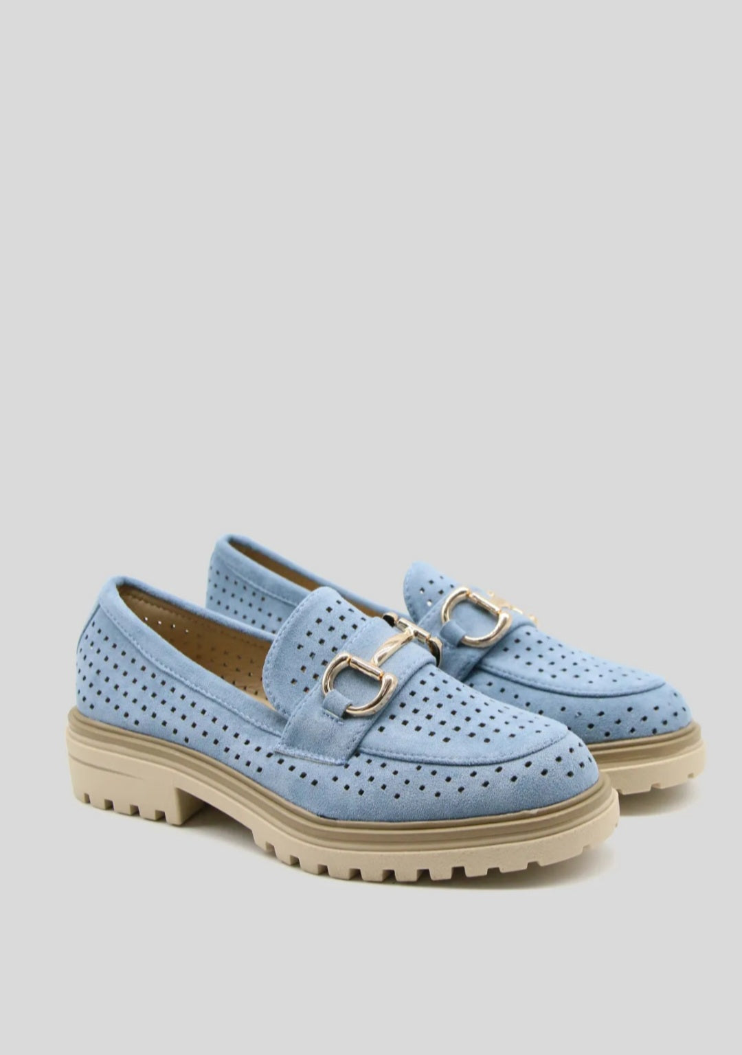 Blue Perforated Loafers with Gold Buckle