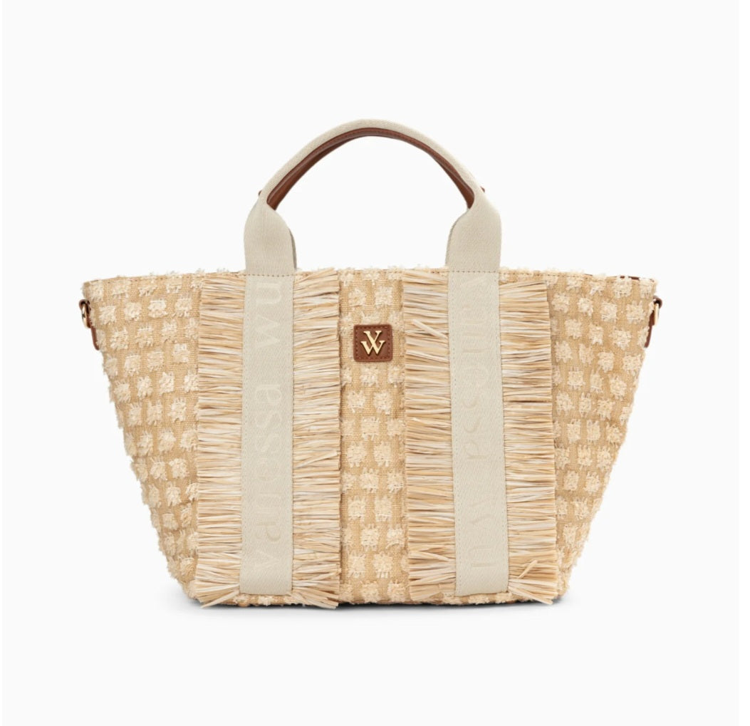 Maya beige trapeze tote bag with fringes