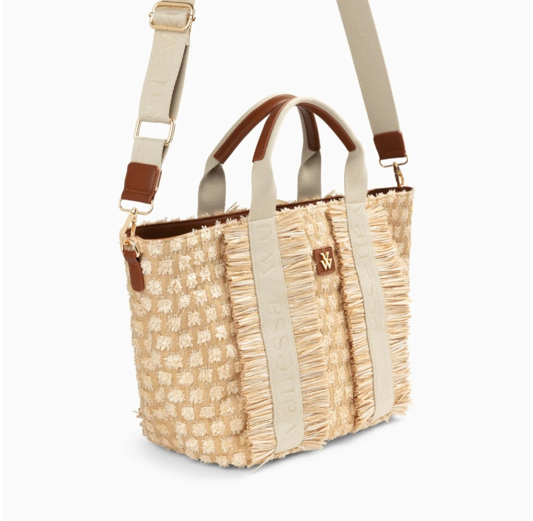 Maya beige trapeze tote bag with fringes