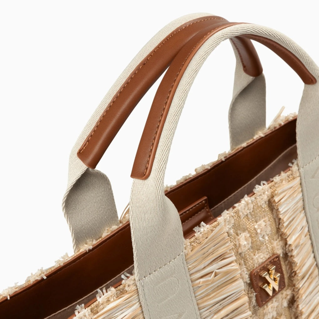 Maya beige trapeze tote bag with fringes