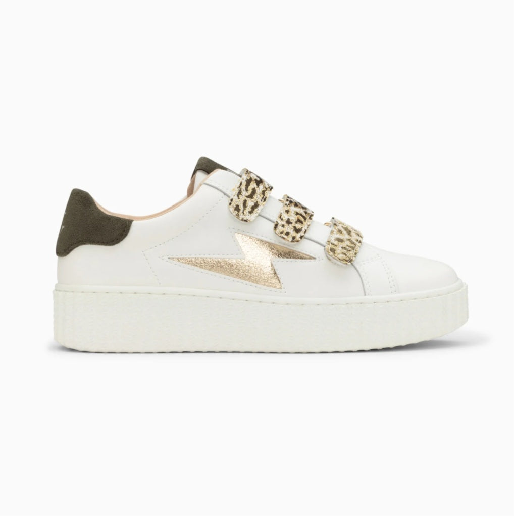 Vanessa Wu Lyanna white and gold lightning sneakers with khaki leopard velcro