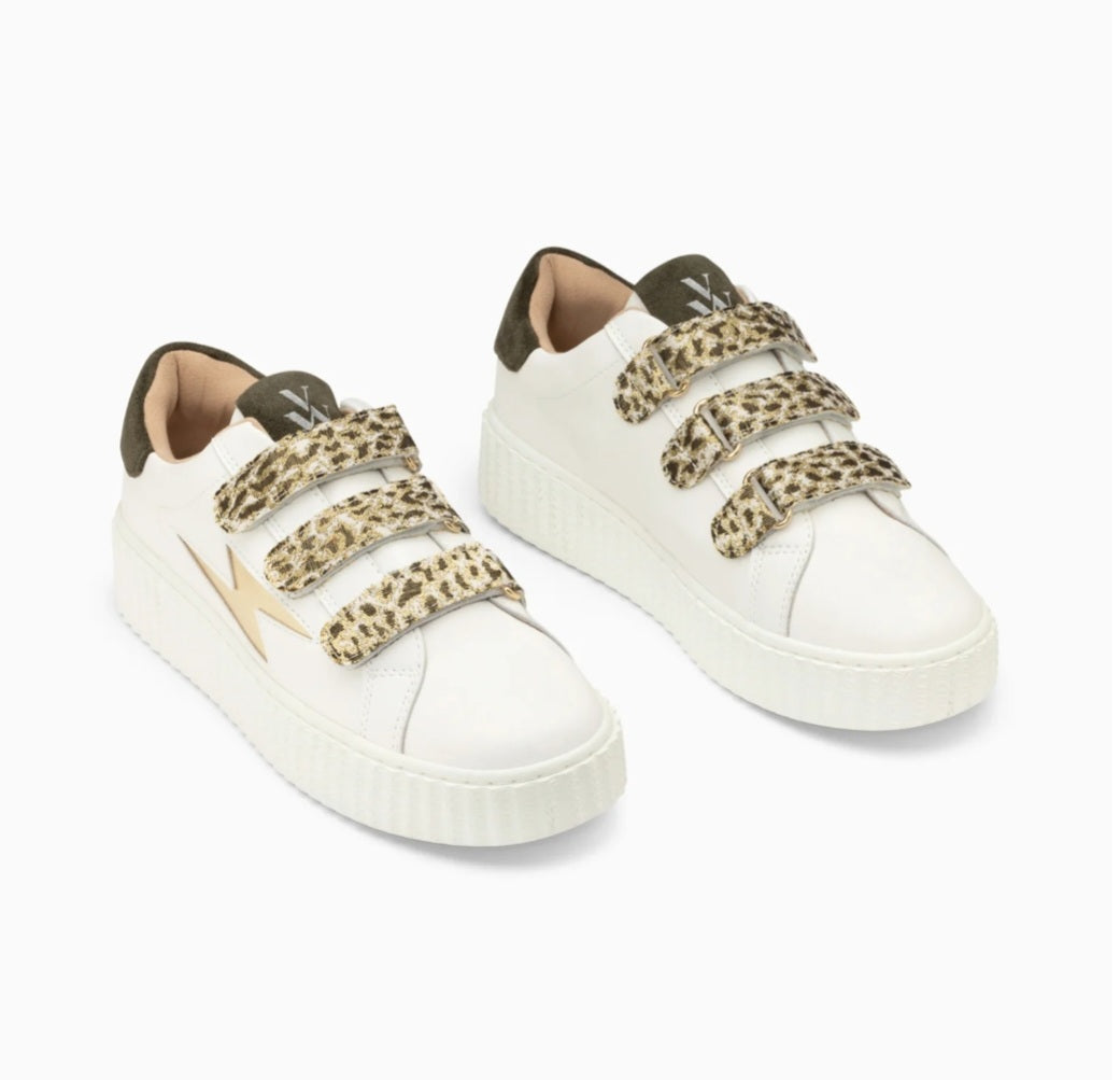 Vanessa Wu Lyanna white and gold lightning sneakers with khaki leopard velcro