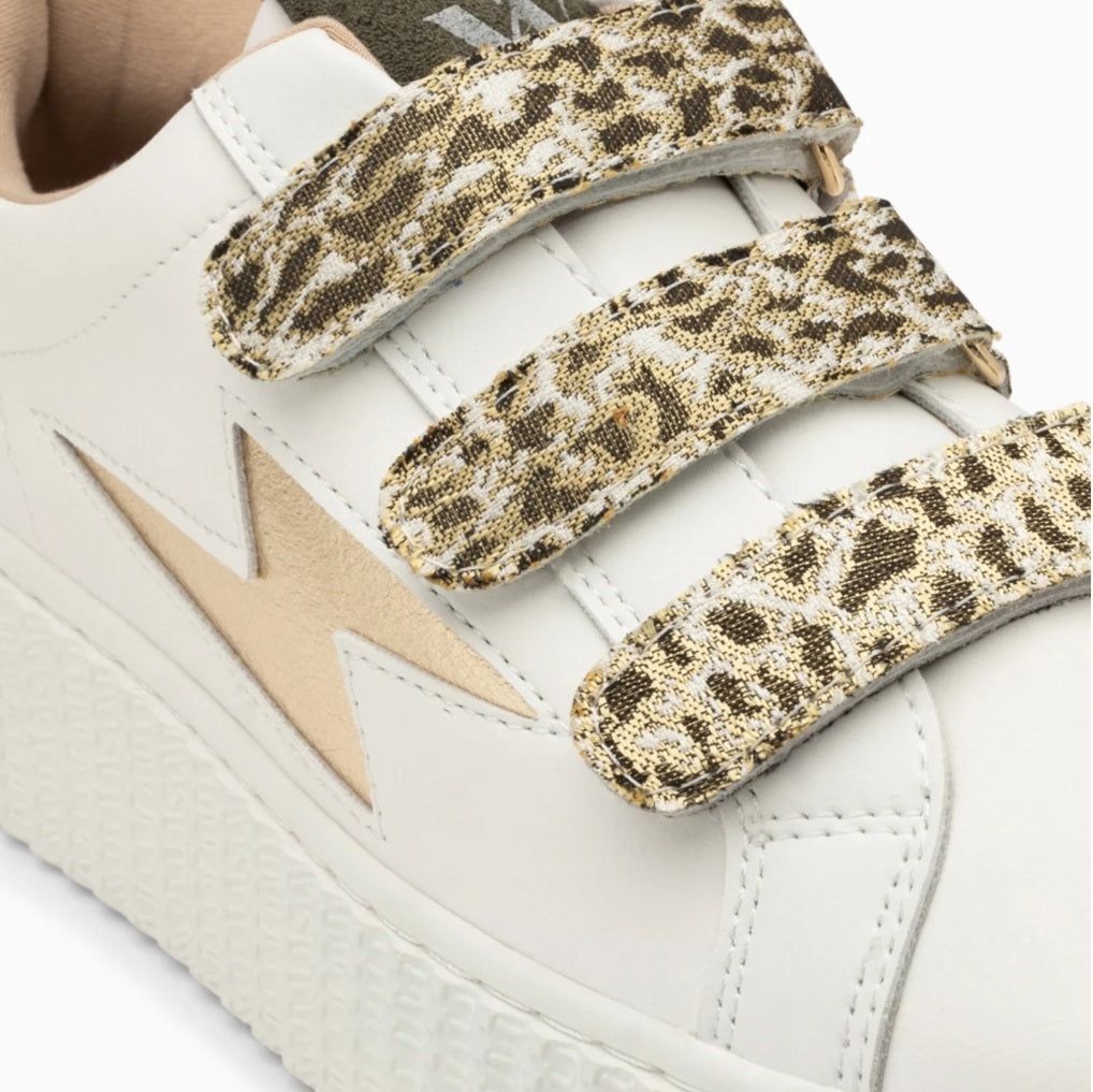 Vanessa Wu Lyanna white and gold lightning sneakers with khaki leopard velcro