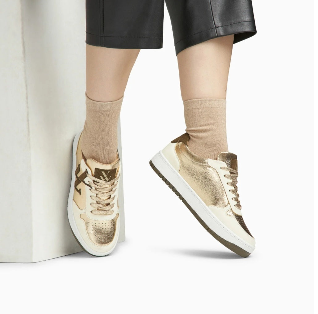 Vanessa Wu Cidem monogram gold and khaki sneakers