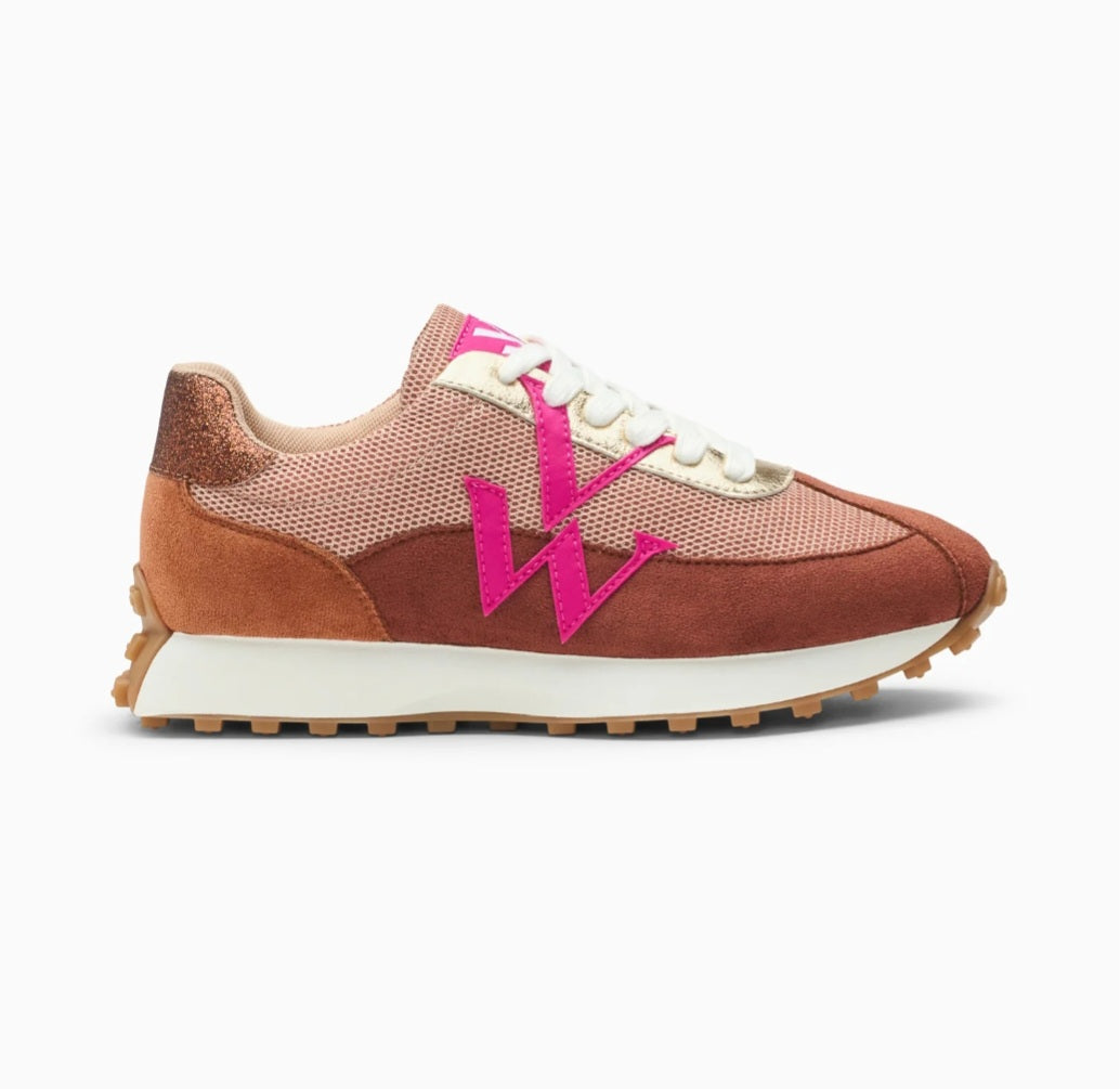 Vanessa Wu Mona beige and brick monogram sneakers with running sole