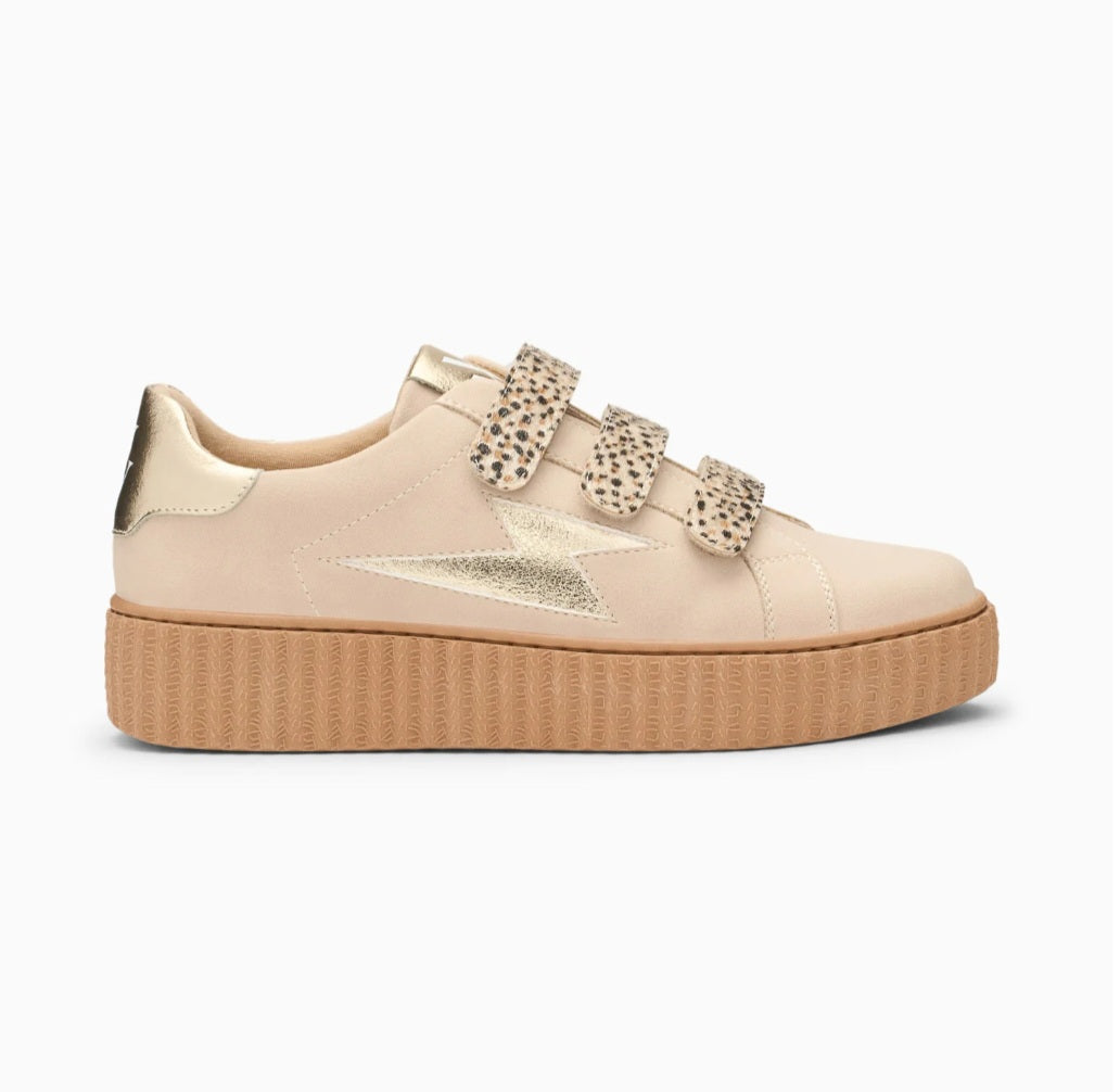 Vanessa Wu Aby beige and gold lightning sneakers with cheetah velcro