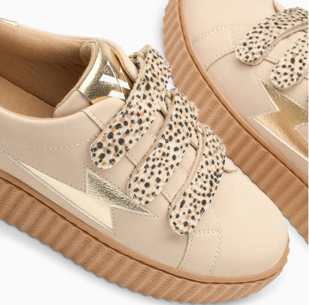 Vanessa Wu Aby beige and gold lightning sneakers with cheetah velcro