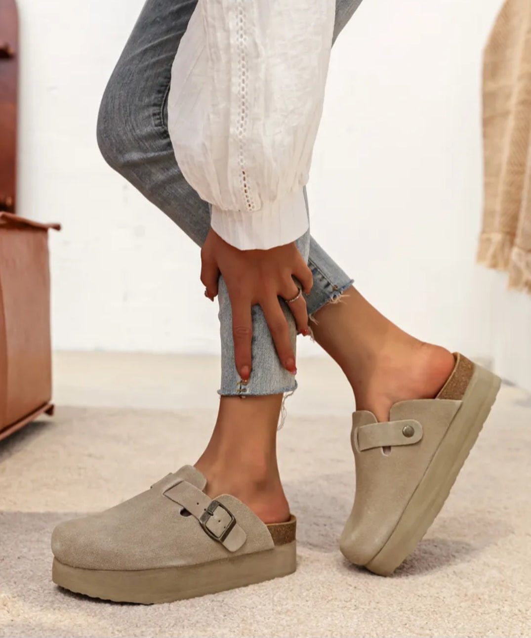 Taupe Leather Platform Mules