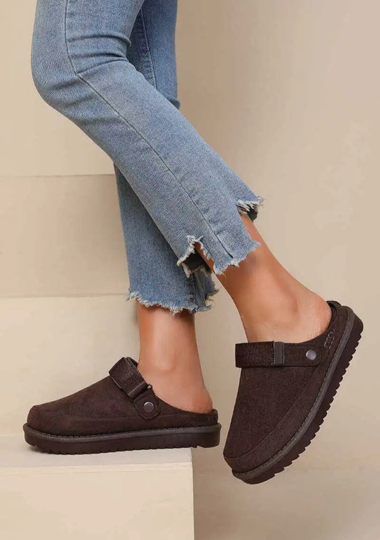 Brown fur-lined mules with velcro straps