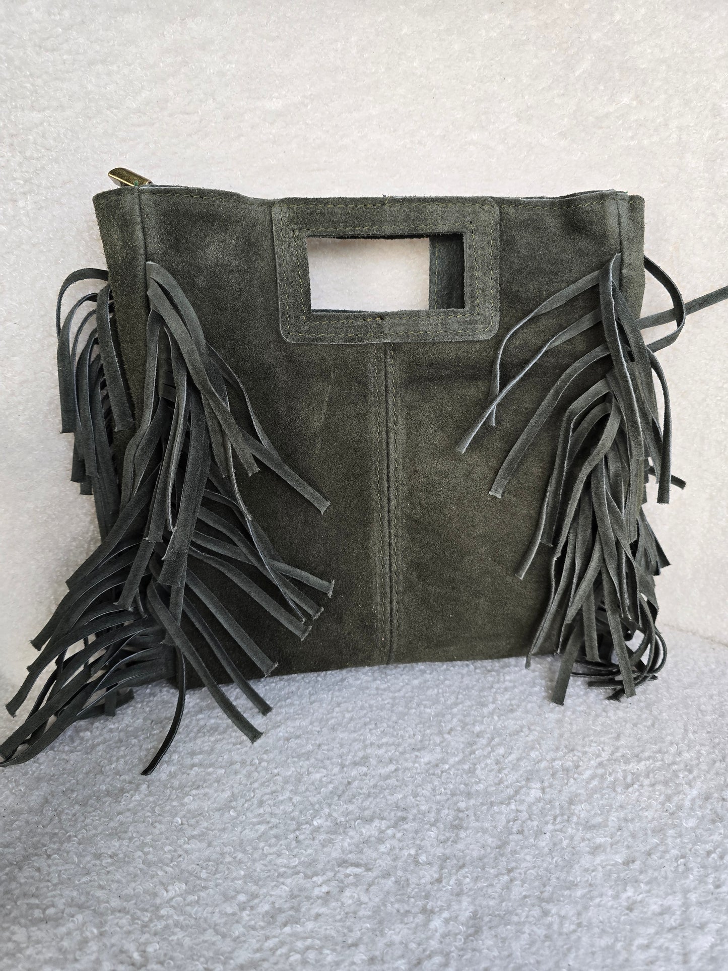 Khaki leather fringe bag