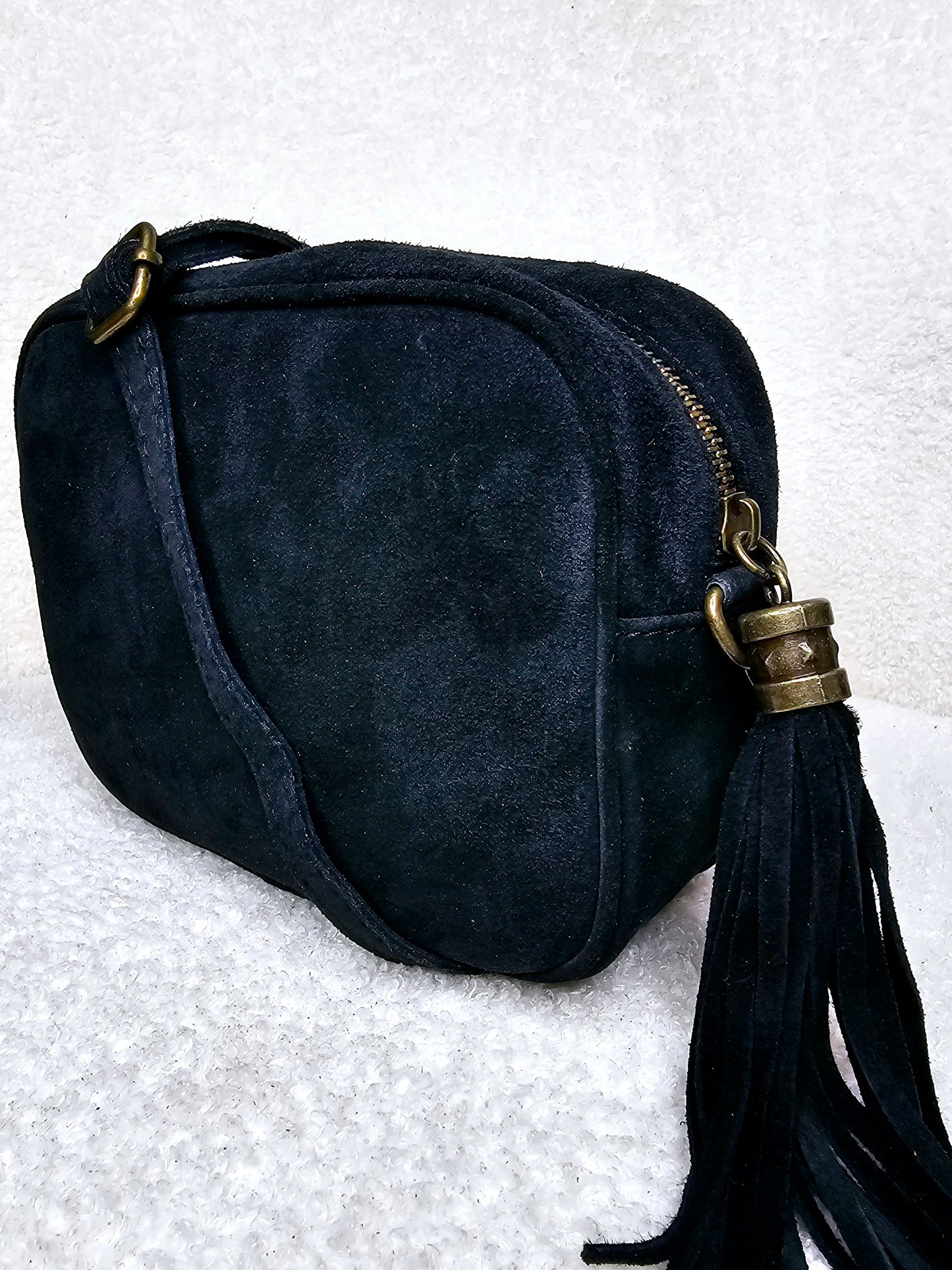 Sac bandoulière pompom rectangle daim Noir