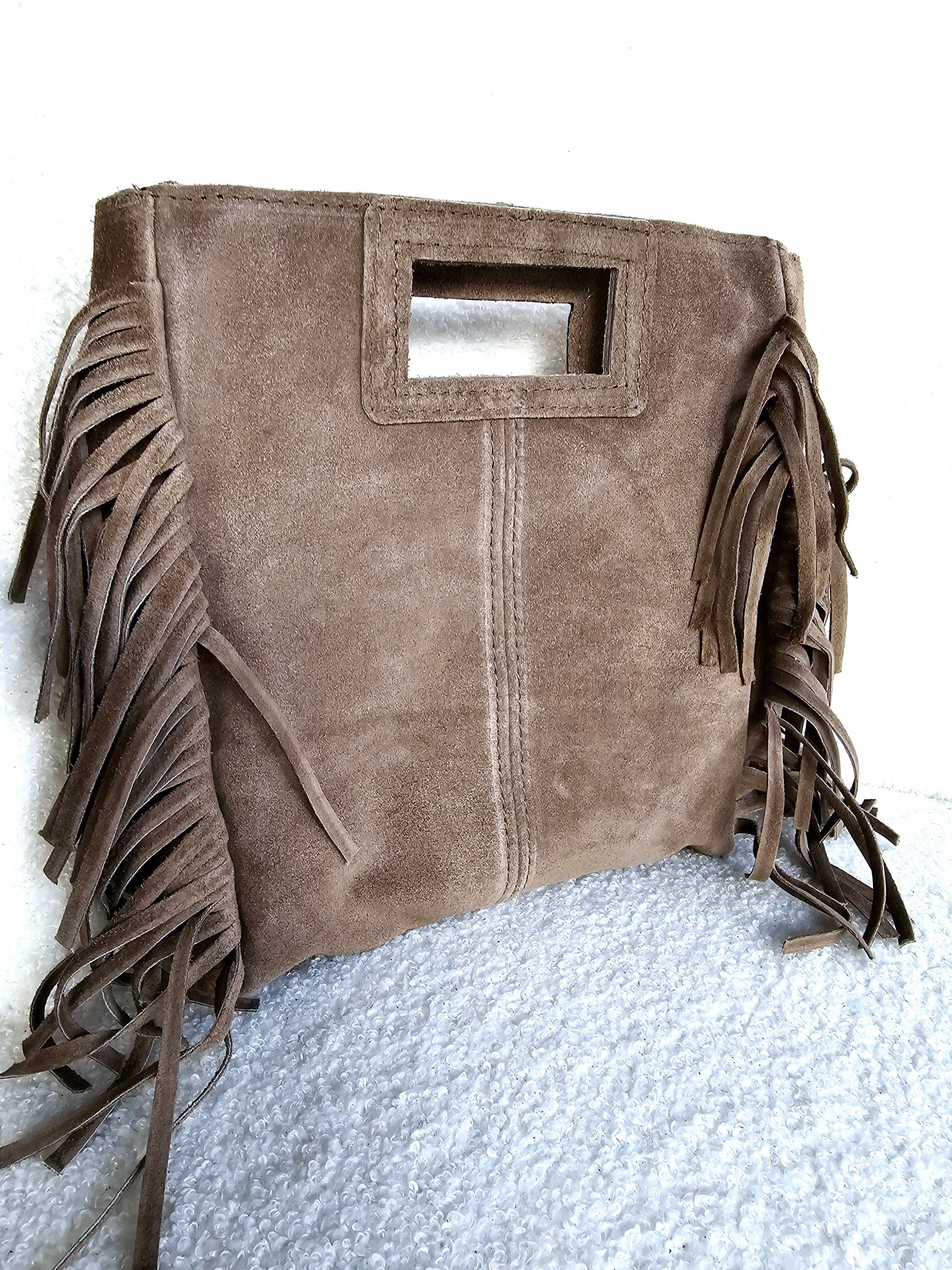 Taupe leather fringe bag