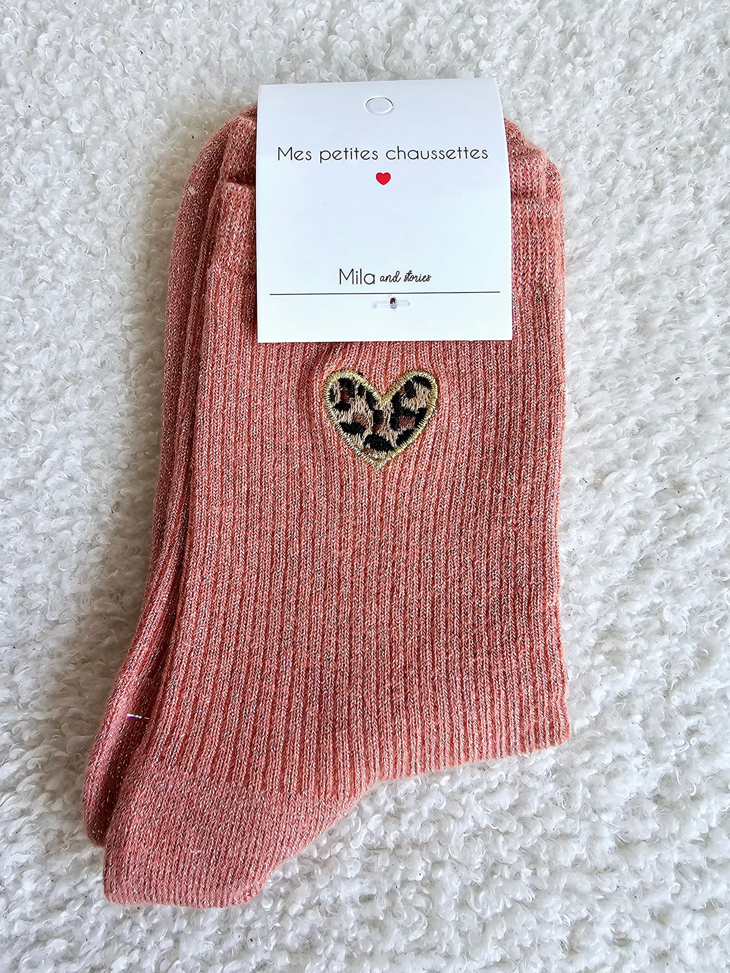 Chaussettes paillettes cœur léopard Rose