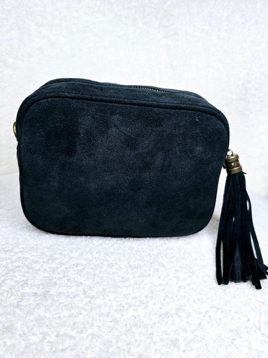 Sac bandoulière pompom rectangle daim Noir