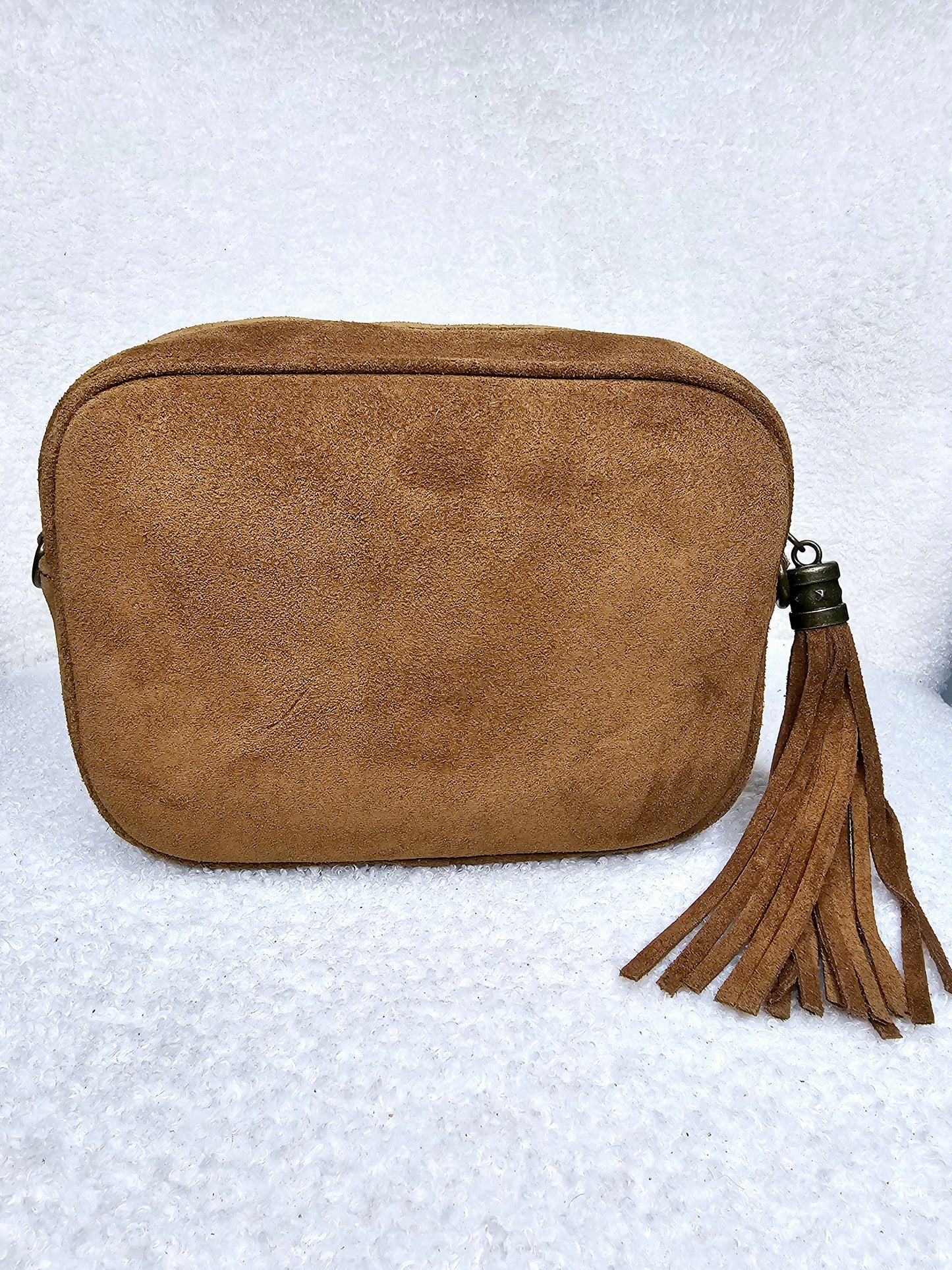 Sac bandoulière pompom rectangle daim Camel