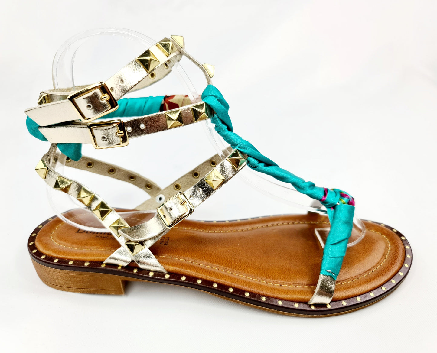 Donna Lucca gold square studded scarf sandals