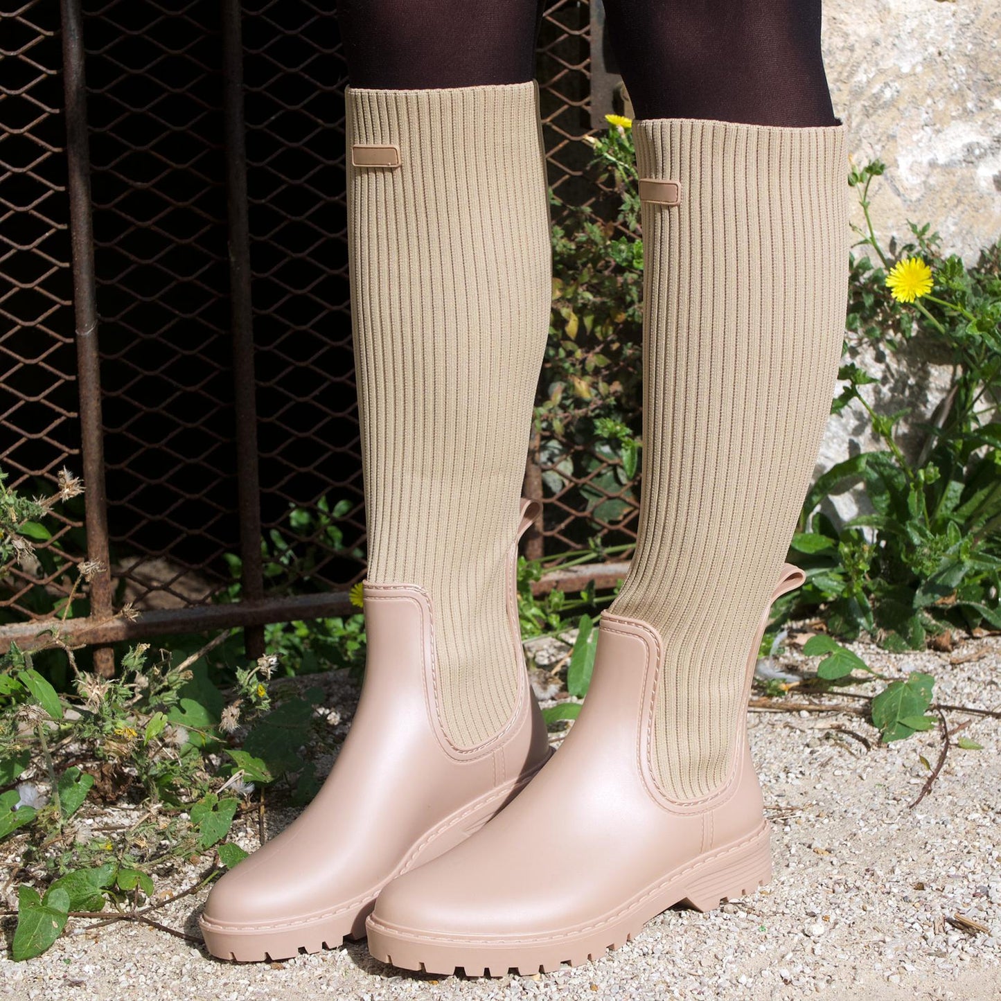 Beige sock rain boots