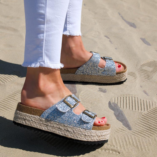 Mules platforme espadrilles Paillettes Argenté